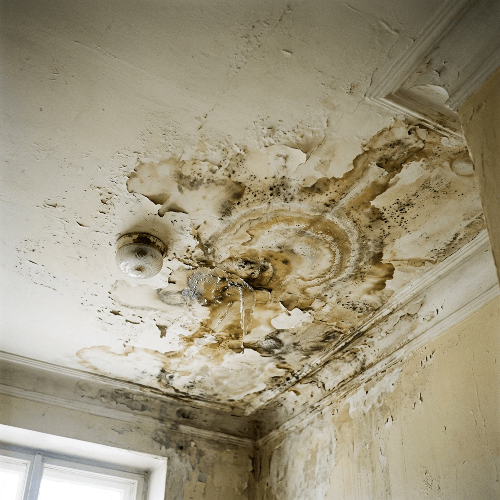 Ceiling and upper walls with large water stains and mold growth