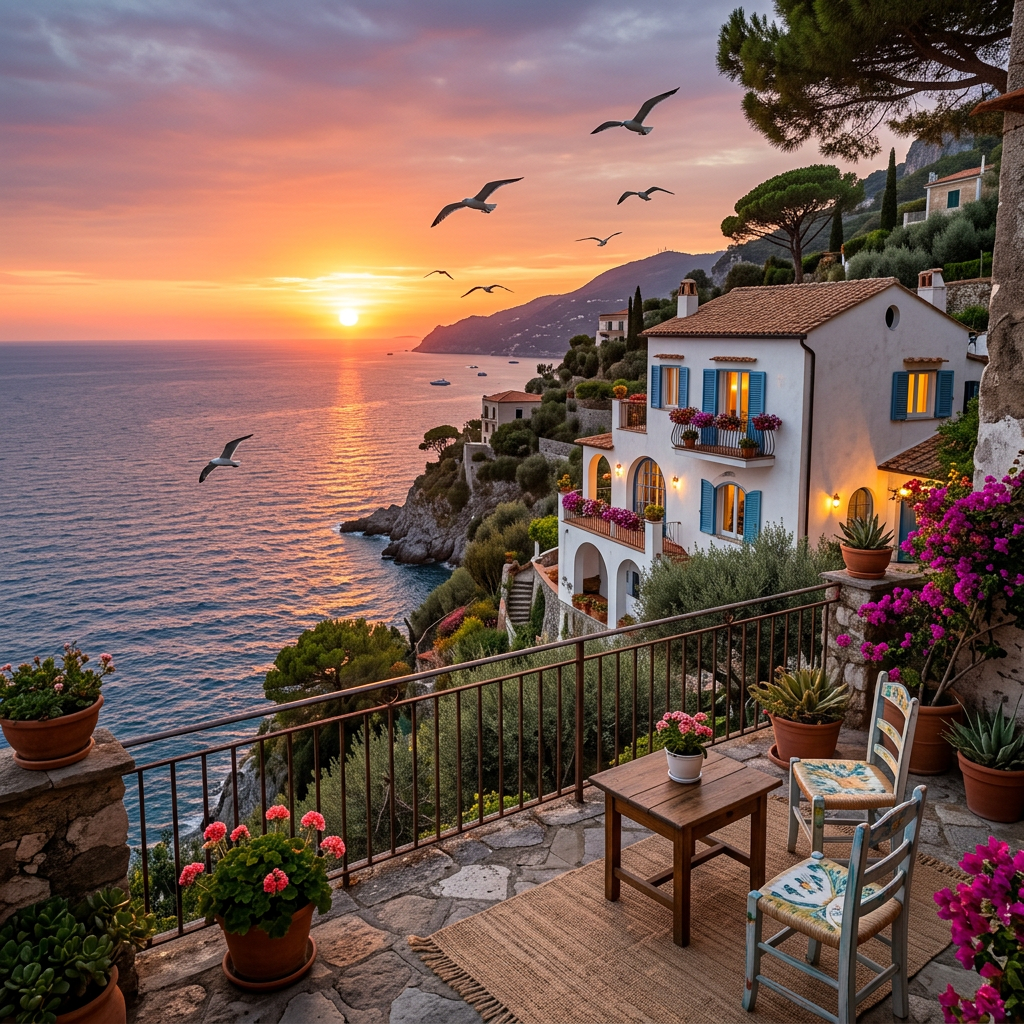 Terrace with chairs and flowers overlooking sea and hillside houses at sunset with birds flying
