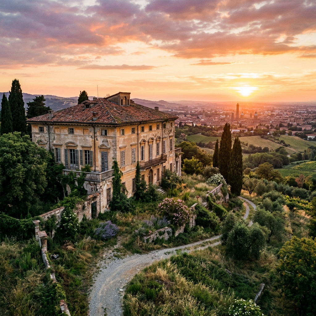 Historic villa on green hillside with sunset over city