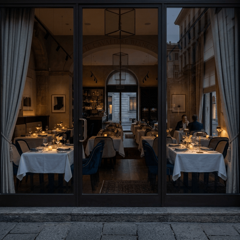 Elegant Italian restaurant dining room with set tables and chandeliers