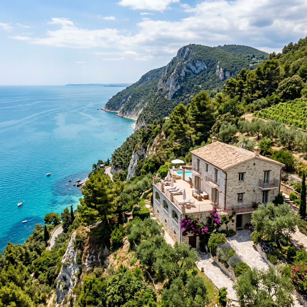 Stone villa overlooking turquoise sea, forested cliffs, and Mediterranean coastline